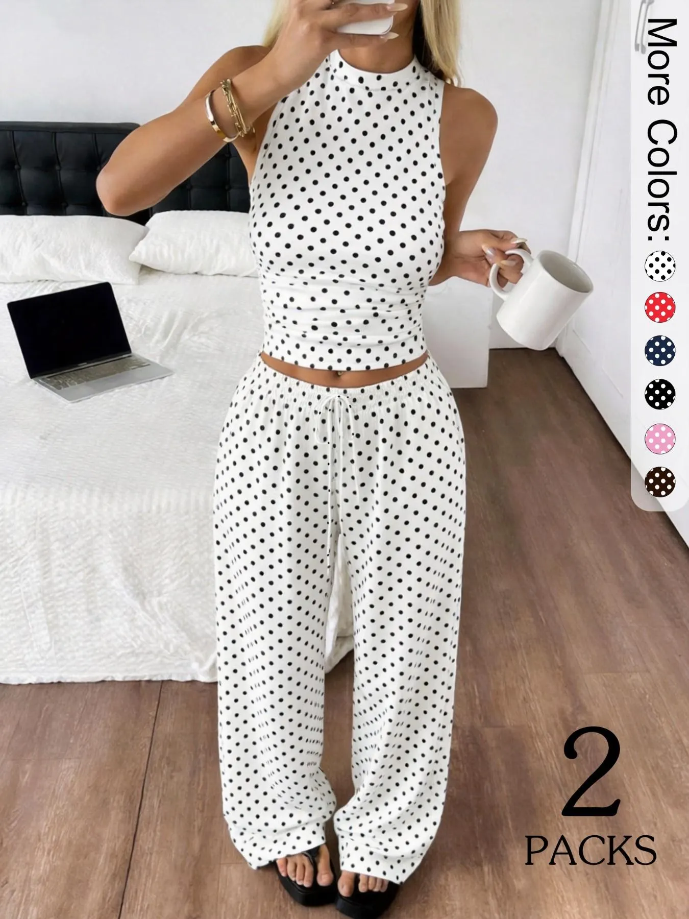2 Pack Women's Polka Dot Loungewear Set, Sleeveless High Neck Crop Top & Wide Leg Pants, Clean Girl Style Minimalist Summer Outfits with Drop Waist, Slim Fit Lingerie Outfit for Daily Wear & Casual Lounging