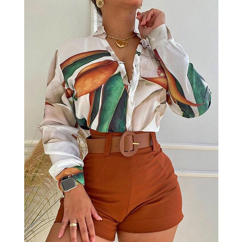CM.YAYA Beach Holiday Women's Tracksuit Floral Leaf Long Sleeve Shirt and Shorts Matching Two 2 Piece Set Outftis Sweatsuit