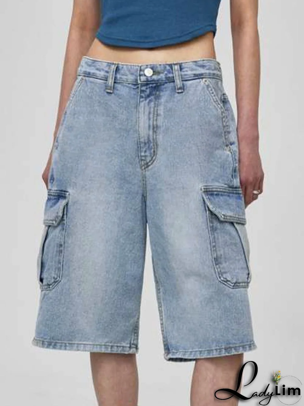 Distressed Flap Pocket Denim Shorts