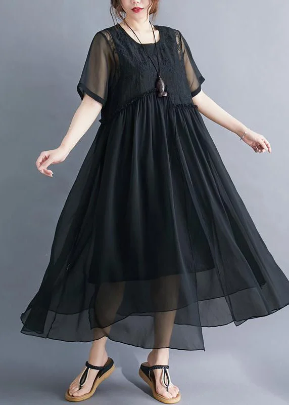 Black Patchwork Cotton Long Dress Embroideried Wrinkled Summer