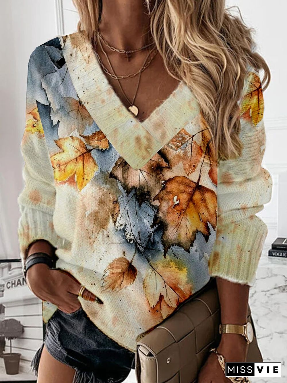 V Neck Casual Leaf Printed Wool/Knitting Plus Size Sweater