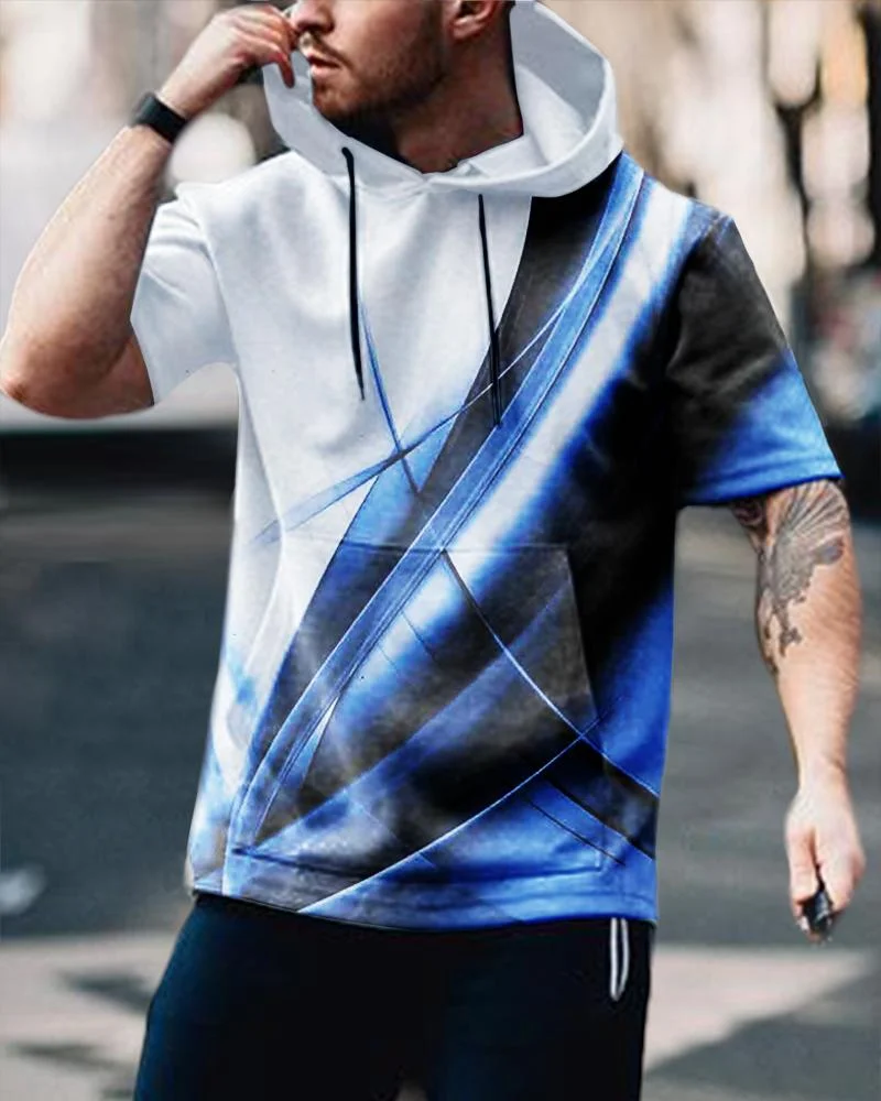 Men's Casual Blue Abstract Printing Short-Sleeved Hoodie