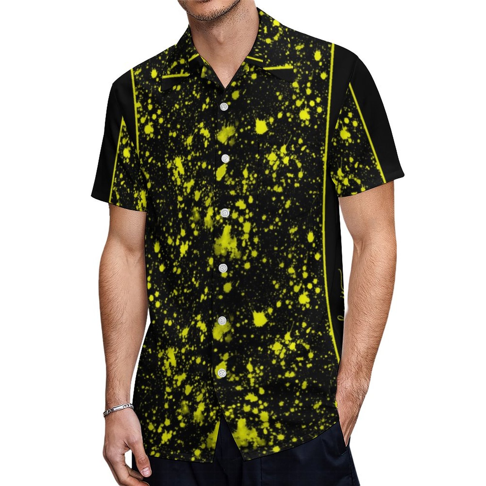 Neon Yellow Paint Splatter Monogram Retro Hawaiian Shirt Mens Button Down Tropical Hawaii Beach Shirts