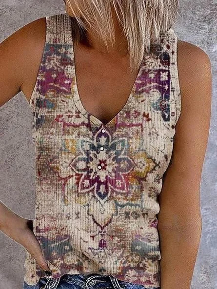 Women's V-neck Sleevesless Printed Vest