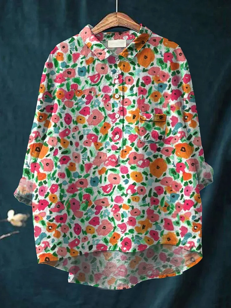 Women's Wild Flower Art Print Casual Cotton And Linen Shirt