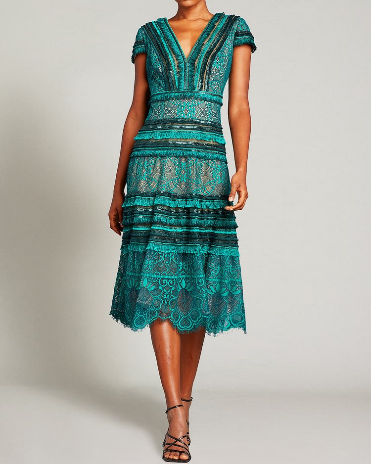 Elegant Lace V-Neck Midi Dress