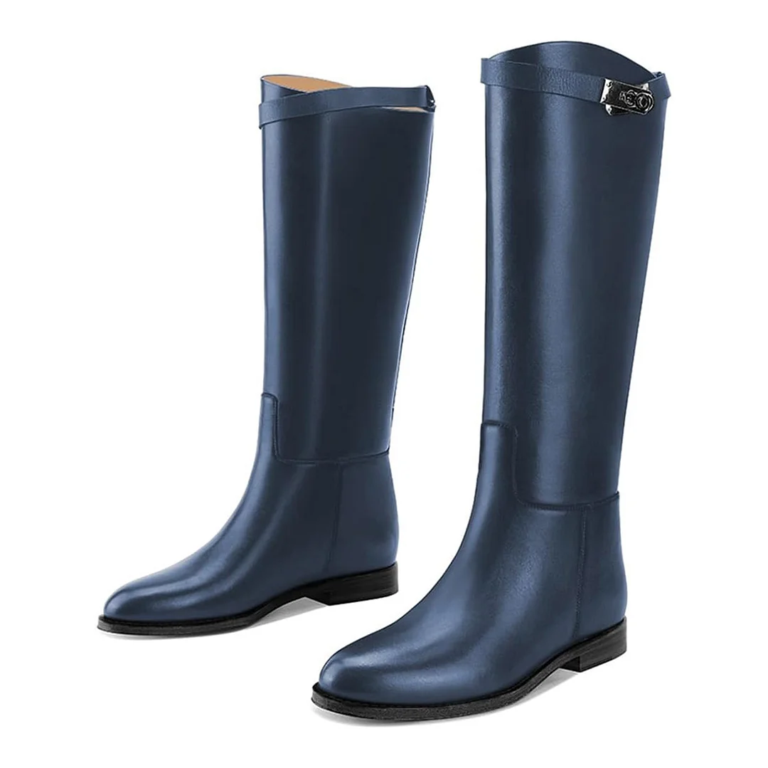 Navy Closed Toe Buckled Slip On Knee High Flat Boots for Women