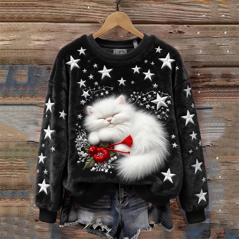 Christmas Sleeping Fuzzy Cat Stars Embroidered Cozy Plush Sweatshirt wearshes