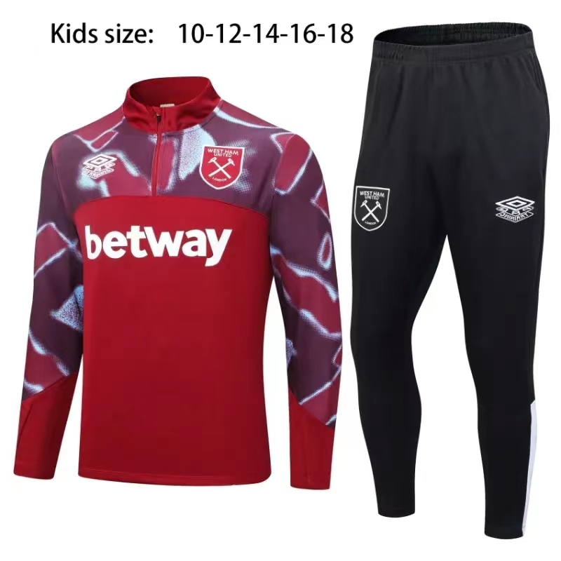 22-23 Kids West Ham United Half Zipper Long Sleeved Red Training Suit
