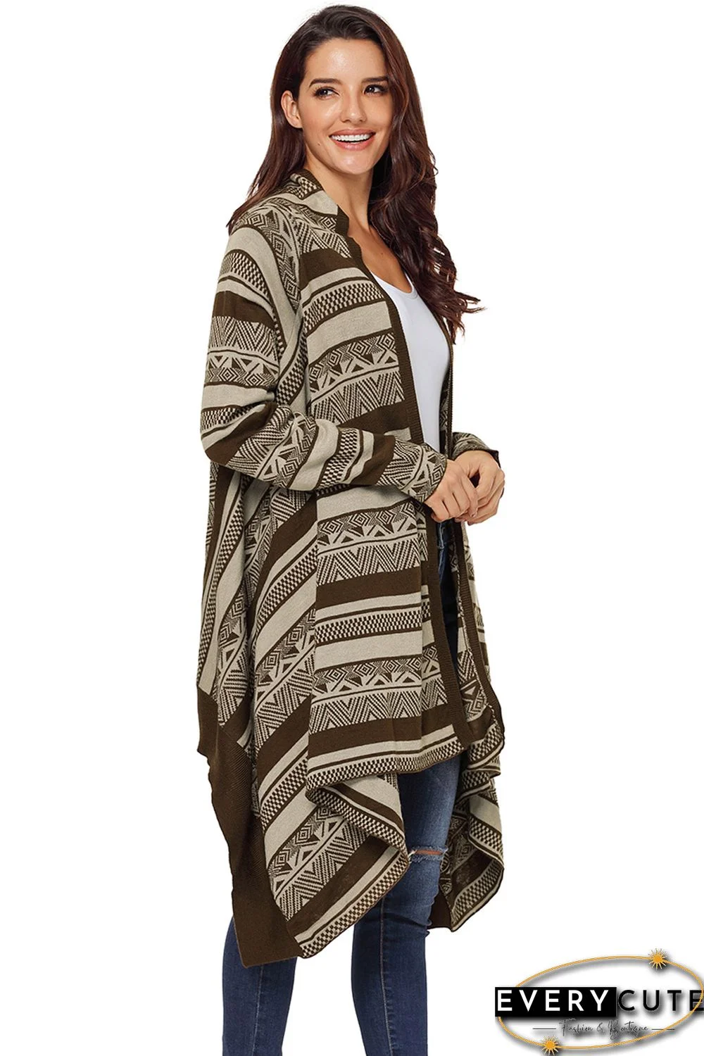 Coffee Draped Azetc Print Open Front Cardigan