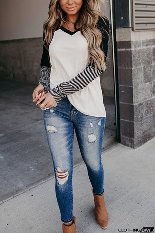 Stripe Color Block Long Sleeve T Shirt