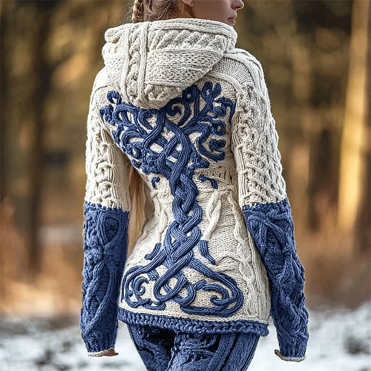 Vintage Viking Tree Of Life Celtic Contrast Cozy Hooded Sweater