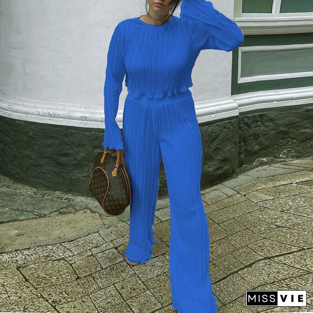 Pleated Loose Blouse Crop Top Wide Leg Pants Outfits