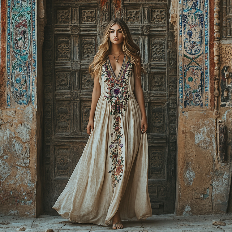 Women Fashion Ethnic Floral Art Sleeveless Dress