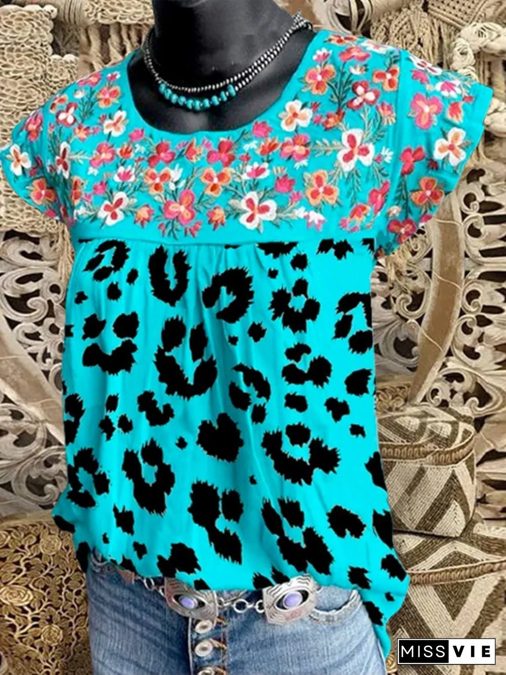 Casual Leopard Flower Short Sleeve Tops