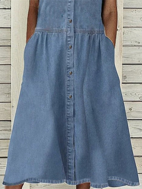 Women Half Sleeve V-neck Solid Color Dress