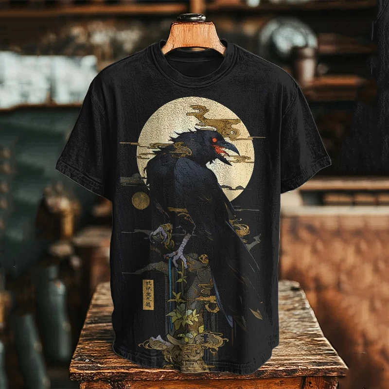 Men's Dark Crow Japanese Illustration Printed Casual T-shirt  artssus