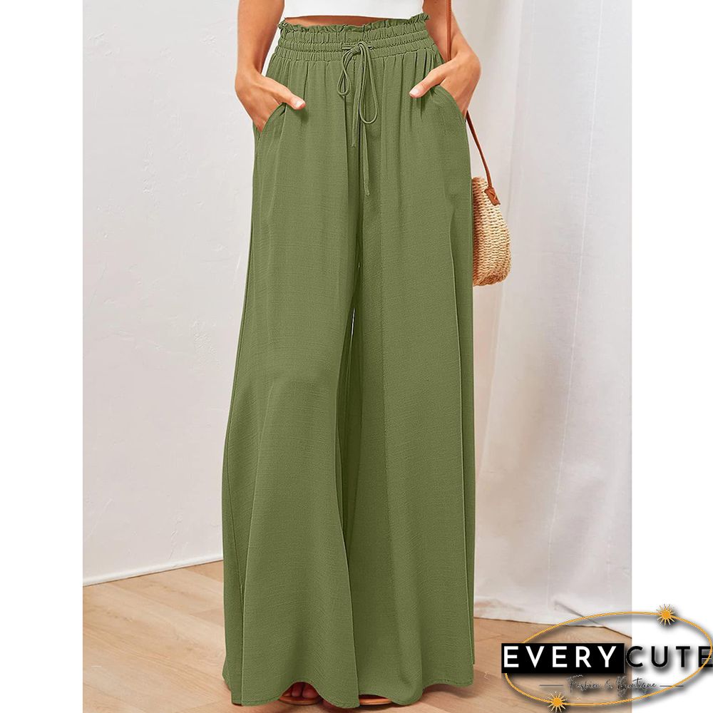 Light Green High Waist Elastic Waistband Long Culottes
