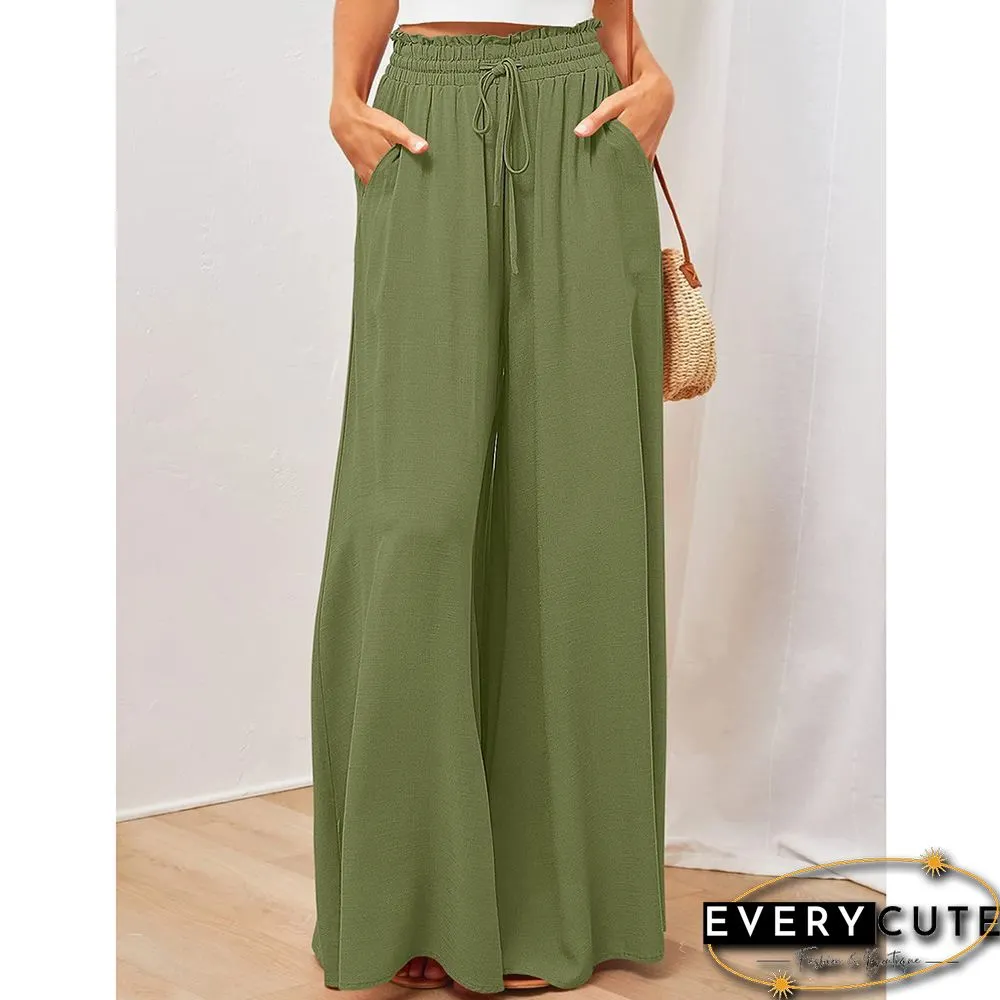 Light Green High Waist Elastic Waistband Long Culottes