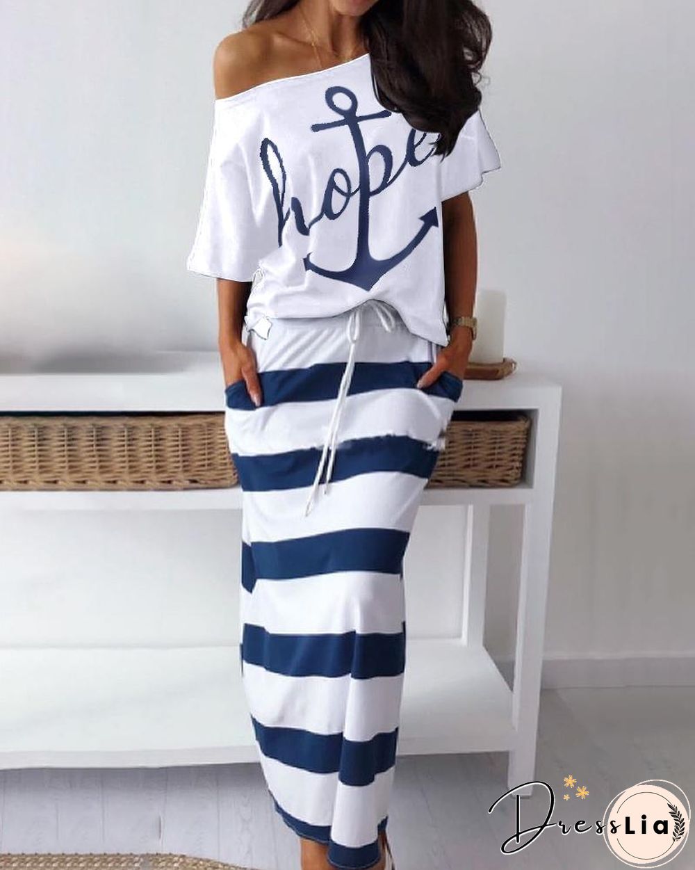 Boat Anchor Print Top & Striped Skirt Sets