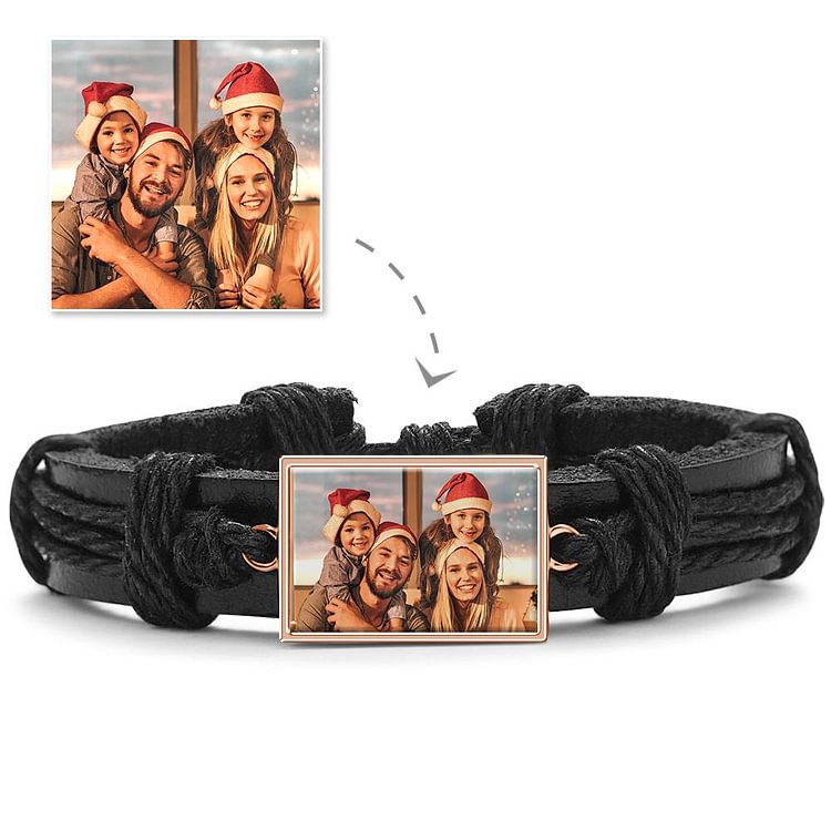 Colorful Black Leather Square-shaped Photo Bracelet Rose Gold Plated