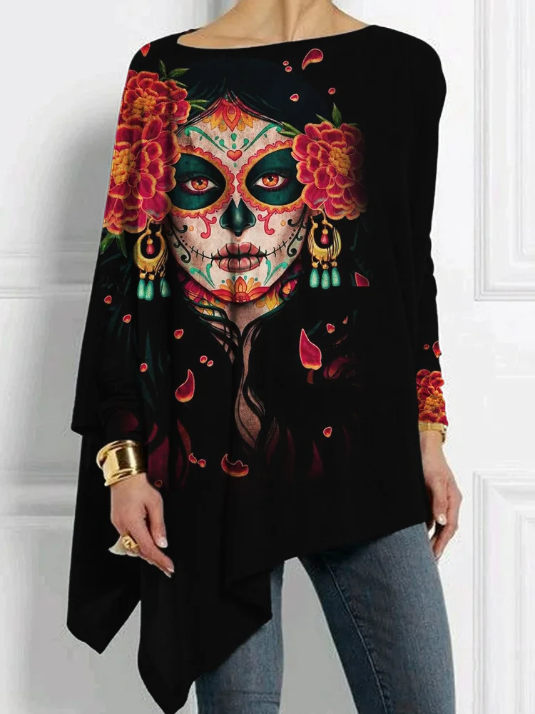 Day Of The Dead Art Floral Bat Sleeve T Shirt