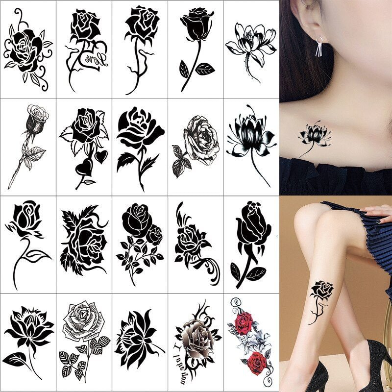 20PCS Black Rose Temporary Tatoo Stickers for Men Women Fake Tattos Sexy Chest Clavicle Arm Body Leg Art Party Decals Tatoos