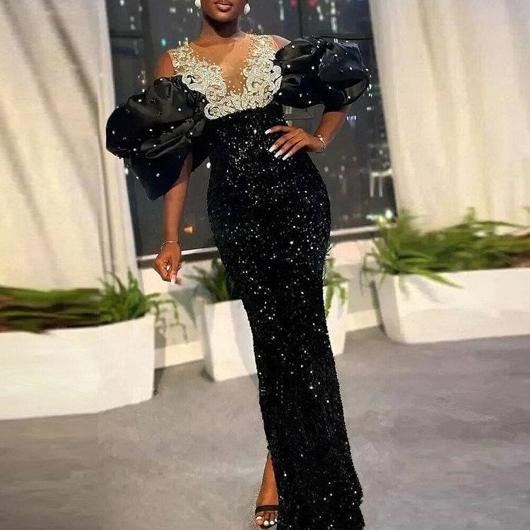 African Americans fashion QFY Luxury Wedding Party Evening Dresses African Dashiki Sequin Puff Sleeve Bodycon Gown Sexy Dress Rave Outfit Robe Africaine Ankara Style QueenFunky