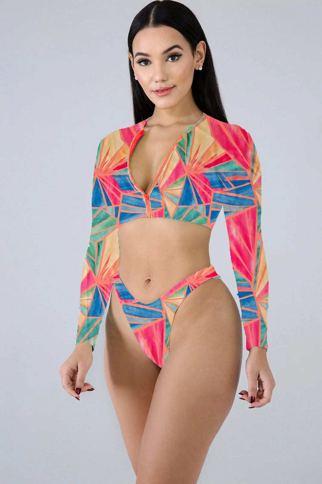 Uveng Uveng New Tie-Dye Multi-Color Print Long Sleeve Split Bikini Swimsuit