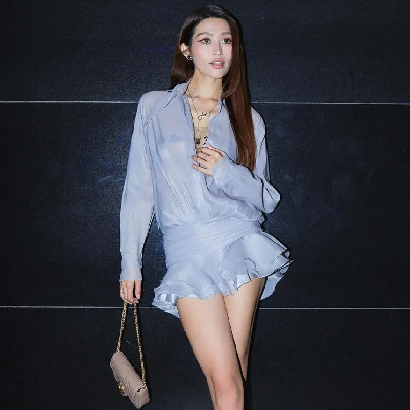 Uveng Uveng 2023 Women's New Sexy Horn Sleeve Long Sleeve Shirt Flounce Slit Skirt Suit