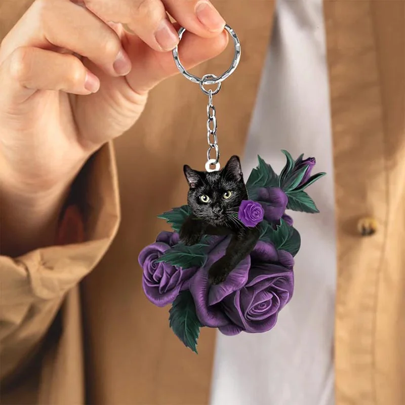 VigorDaily Black Cat In Purple Rose Acrylic Keychain PR039