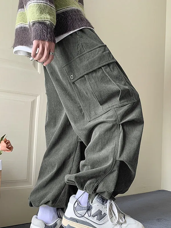 Brownm vintage men's corduroy trousers with large pockets and drawstring