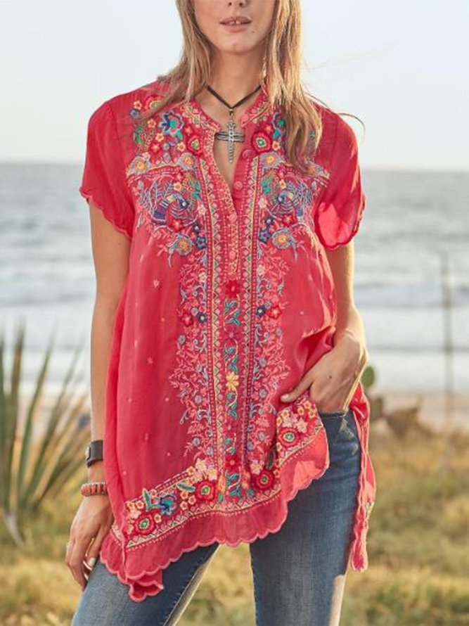 Casual Short Sleeve V Neck Printed Shirts Zaesvini