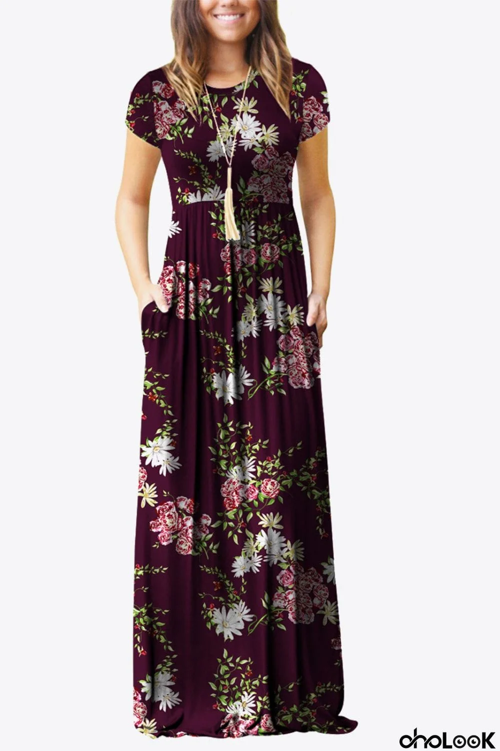Full Size Printed Round Neck Short Sleeve Dress with Pockets