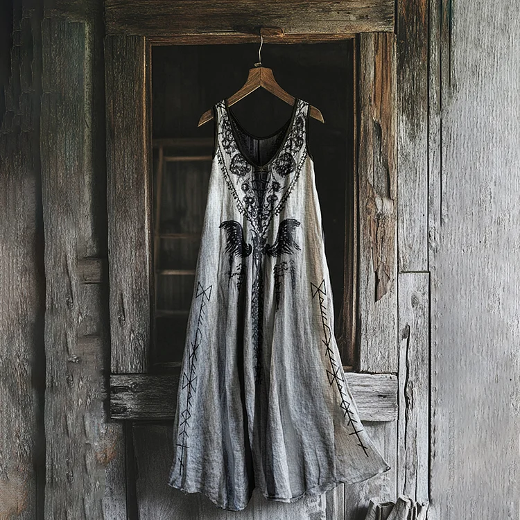 Women's Vintage Viking Raven Rune Print Cotton And Linen Dress