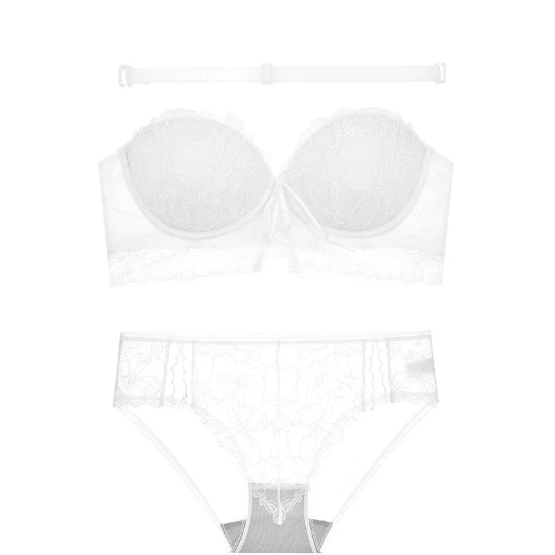 Meet'r Classic Bandage Lace Bra Set Push Up Brassiere Lingerie Gathered Sexy Women Transparent Panties Female Underwear Set