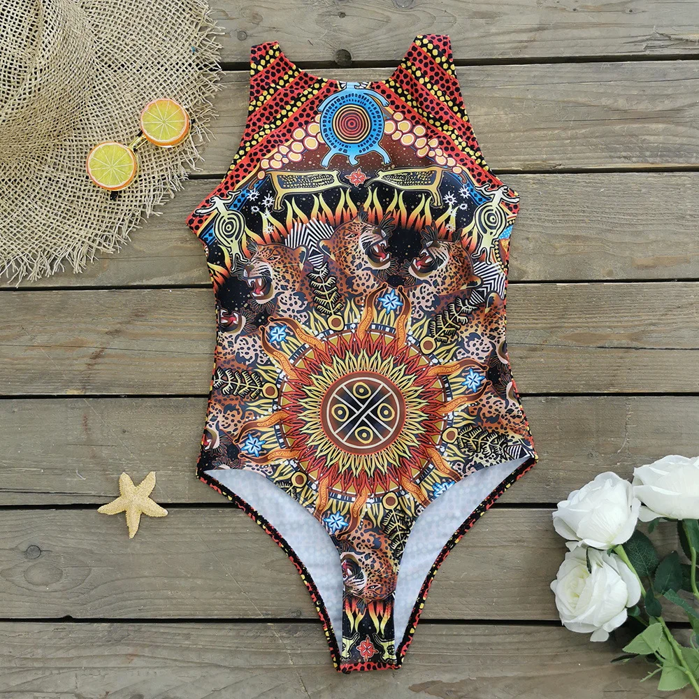 Uveng Swimsuit2025 New Conjoined Bikini Personality Abstract Print Swimsuit Women Sleeveless