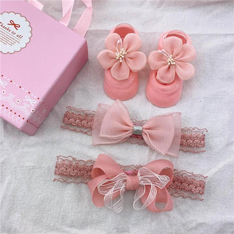 3Pcs/Set Lace Flower Baby Girl Headband Socks Set Crown Bows Newborn Hairband Headbands For Girls Turban Baby Hair Accessories