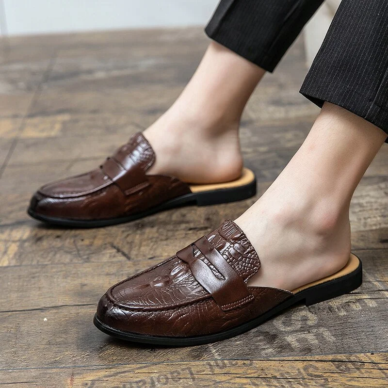 2022 Summer Men Mules Outdoor Leather Casual Shoes Breathable Half Slippers Crocodile Pattern Man Half Shoes Man Penny Loafers