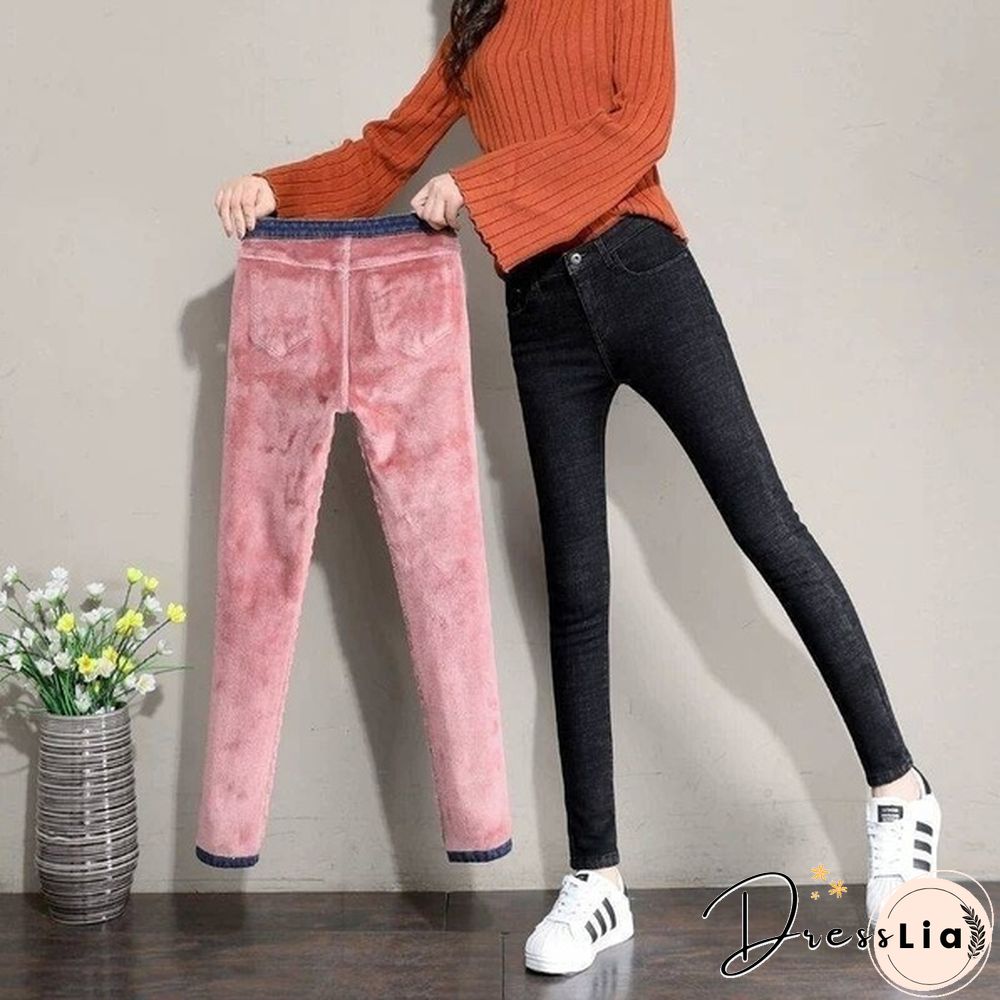 Winter Warm High Waist Velvet Jeans for Ladies To Wear Tights Warm for Ladies Denim Pencil Jeans Women's Thick Winter Socks