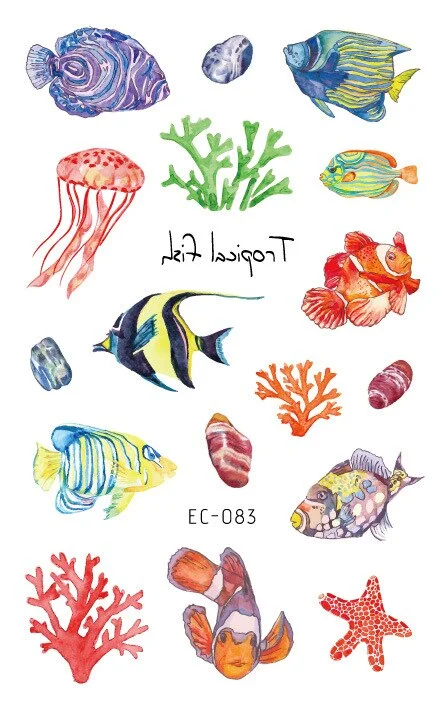 24 kinds Temporary Tattoo Stickers for Kids Cute Cartoon Tropical Fish Marine faux tatouage temporaire Disposable Children Gift