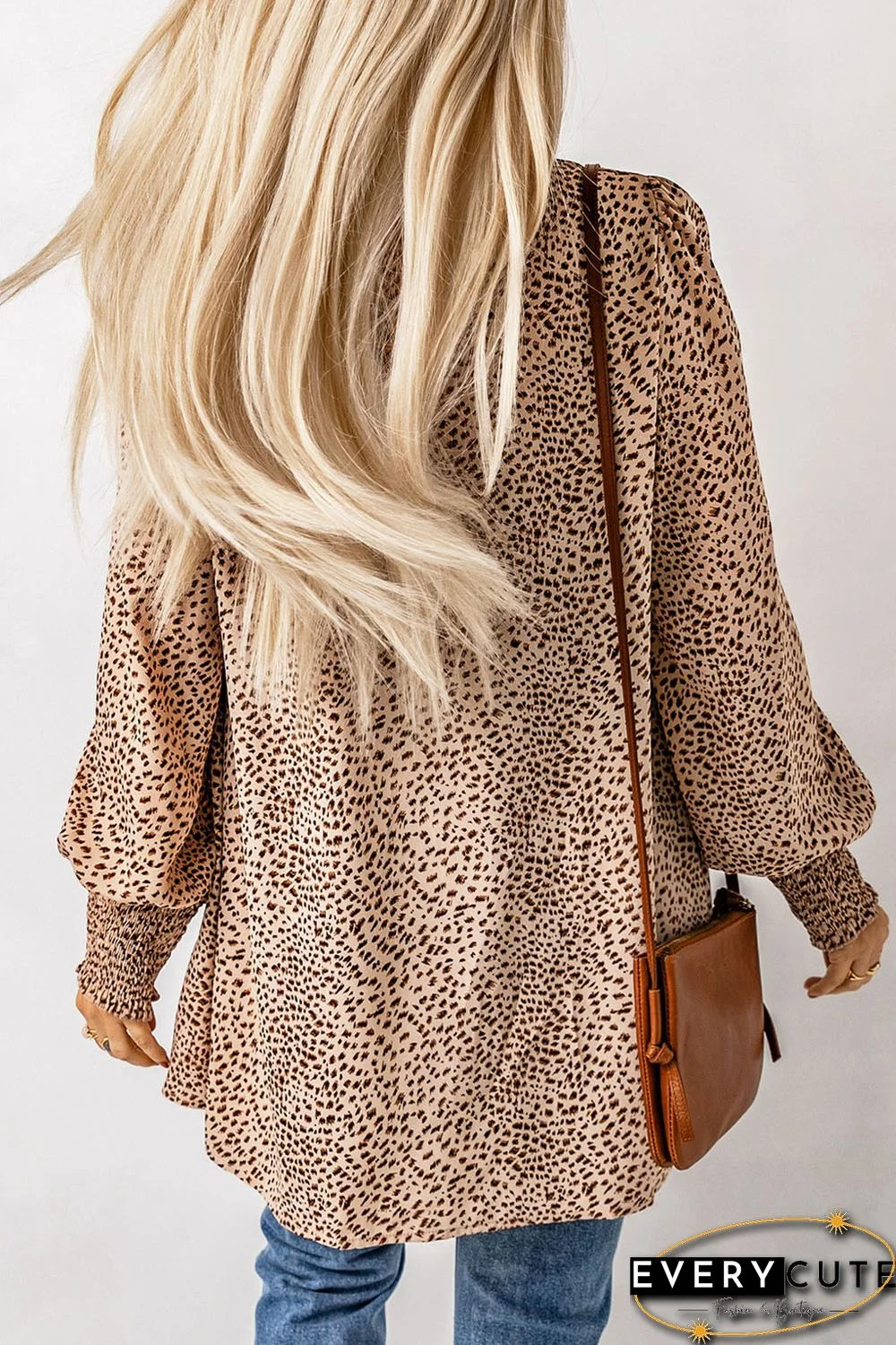 Apricot Animal Print Shirred Cuff Lantern Sleeve Cardigan