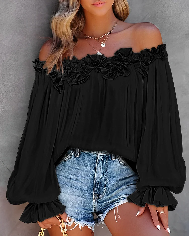 Women's Clothing White Ruffled One-Shoulder Long-Sleeved Top_ viptrois