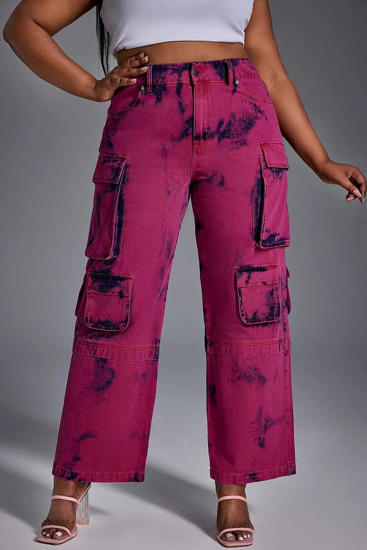 Xpluswear Design Plus Size Daily Jean Pink Tie-Dye Straight Leg Cargo Denim Jean [Pre-Order]