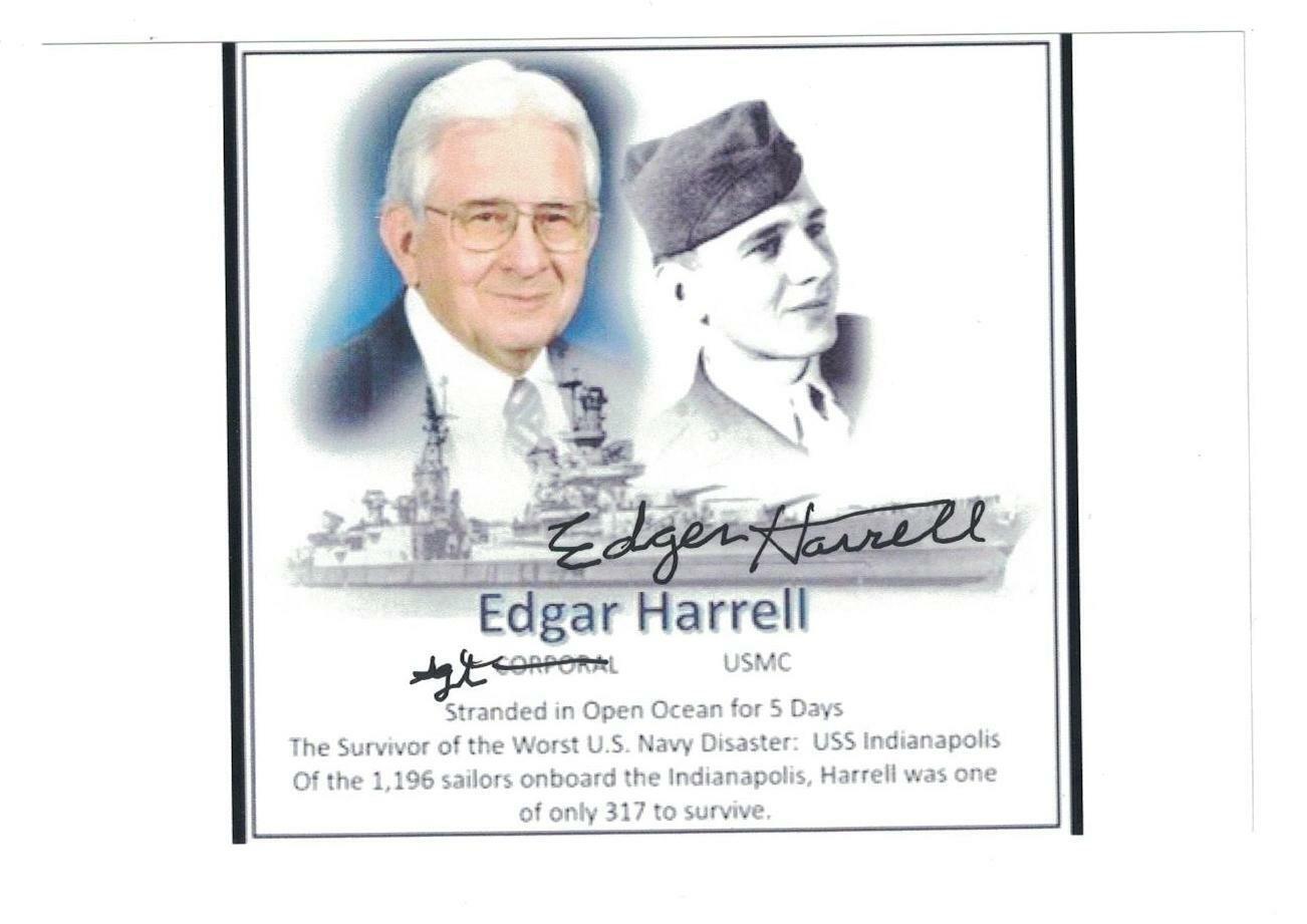 Edgar Harrell Signed Autographed 4x6 Photo Poster painting USMC Navy USS Indianapolis Survivor