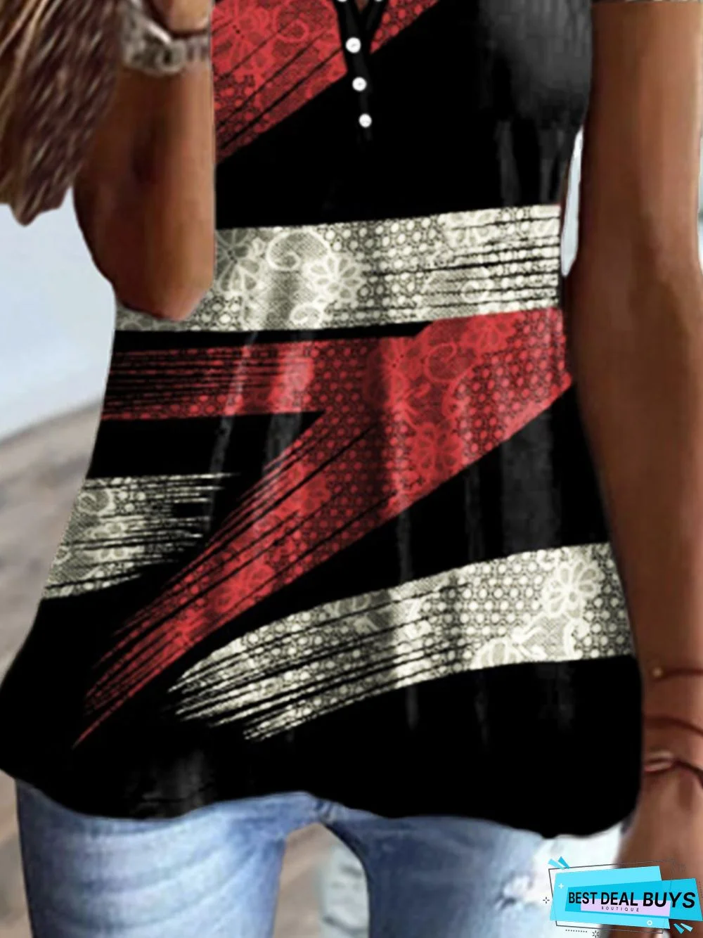 Women's Daily Weekend Geometric Short Sleeve Buttoned Notched Casual T-Shirt