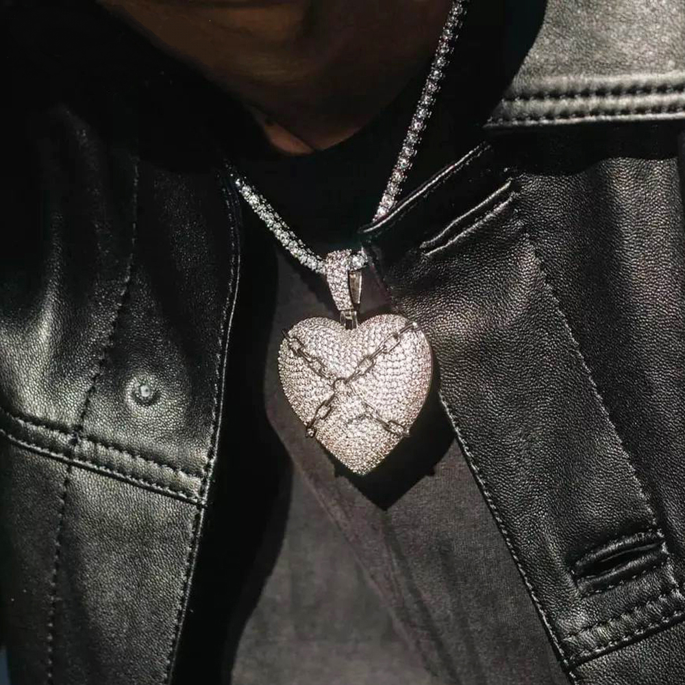 Iced Out Lock Heart Pendant Necklace  Hip Hop Mens Jewelry-VESSFUL