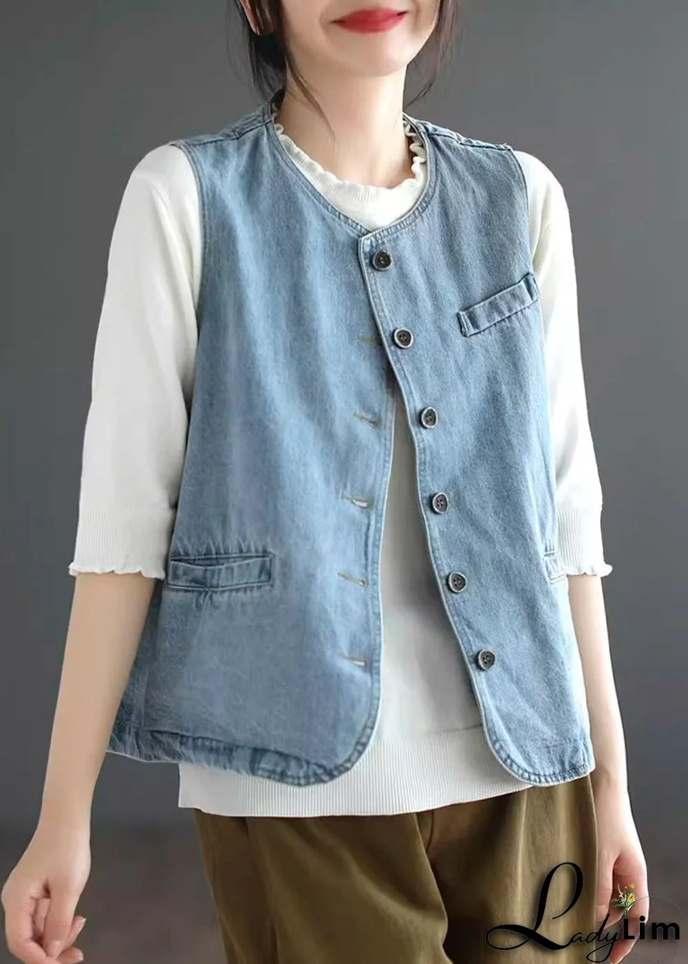 Light Blue Patchwork Denim Waistcoat Fall