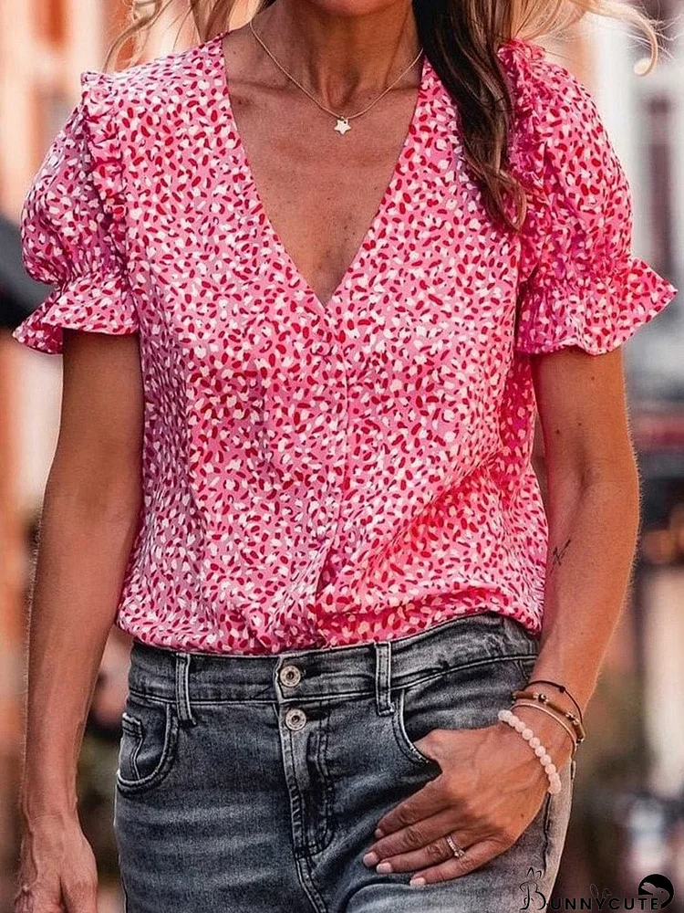 Pink Abstract Printed Ruffle Sleeve V-Neck Shirt