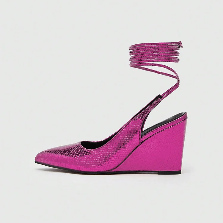 Fuchsia Pointed Wrapped Shoes Elegant Slingback Wedge Heel Party Snakeskin Pumps |FSJ Shoes